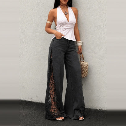 Midnight Lace Jeans in black with black lace, front