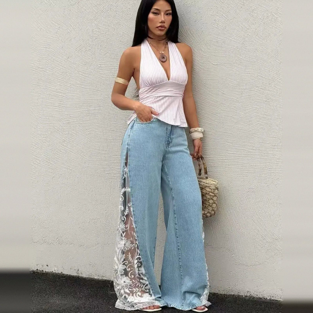 Midnight Lace Jeans in light blue with white lace, front