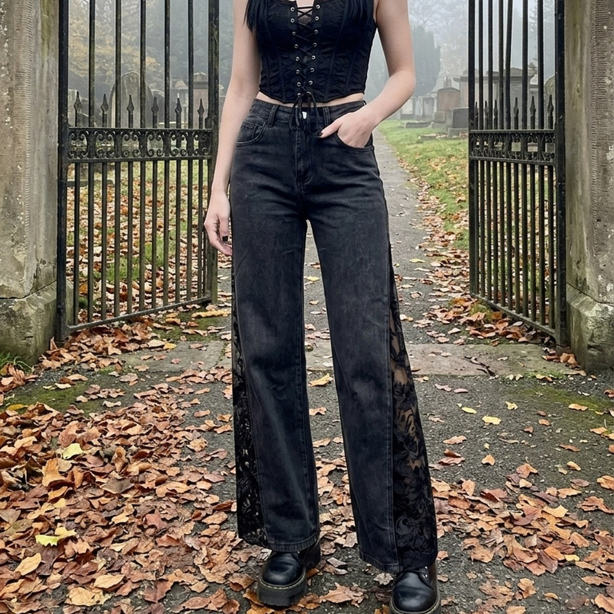 Black lace jeans full outfit