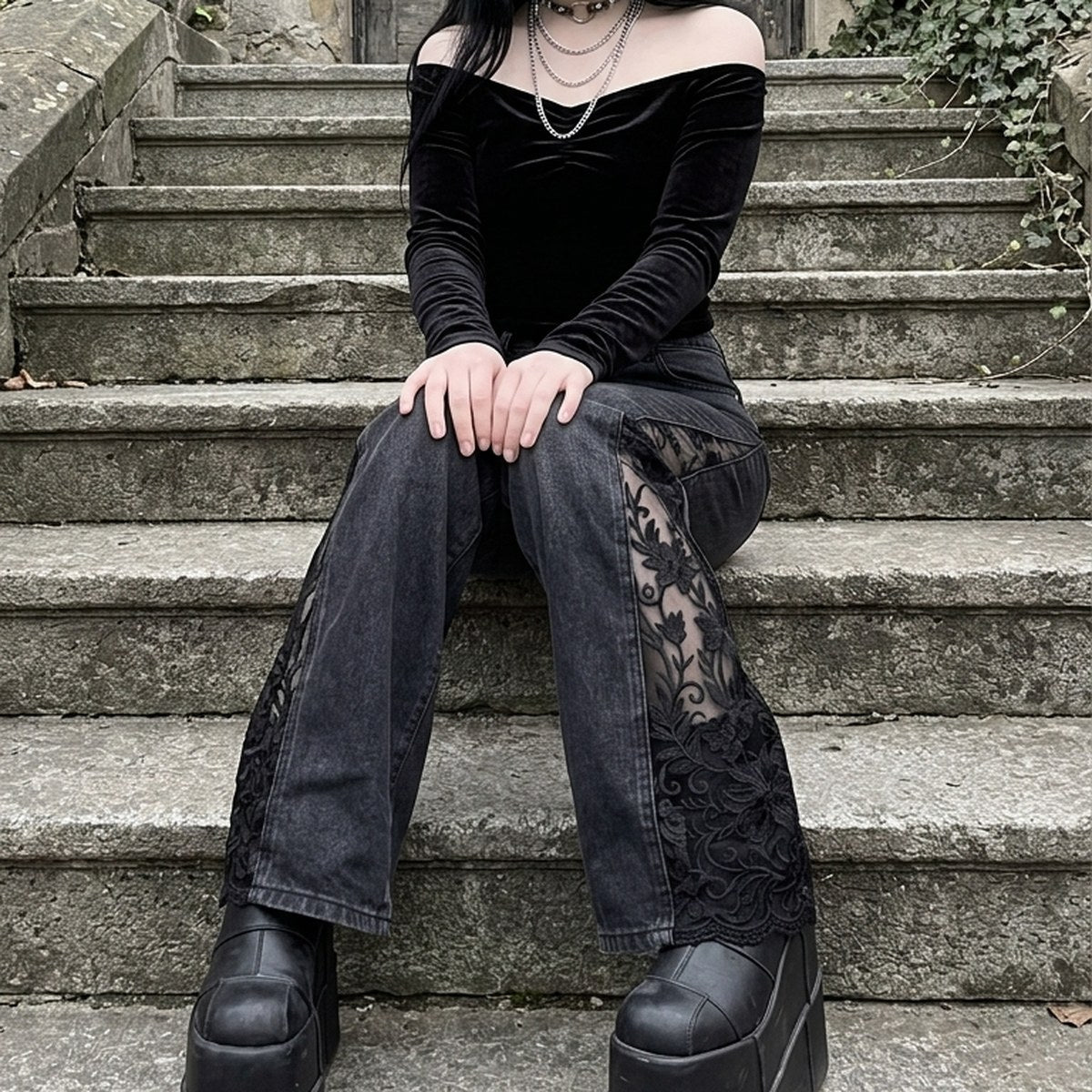 Black lace jeans on gothic steps